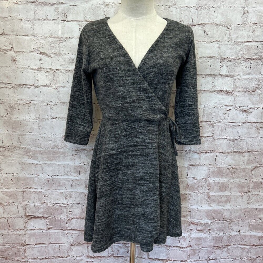 Rue 21 Black Gray Faux Wrap Lightweight Fuzzy Sweater Mini Dress Size M NEW